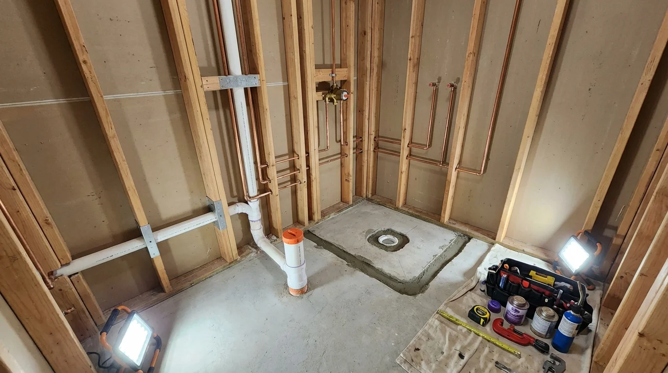 Bathroom rough-in plumbing during remodel by Johns Plumbing LLC in Discovery Bay