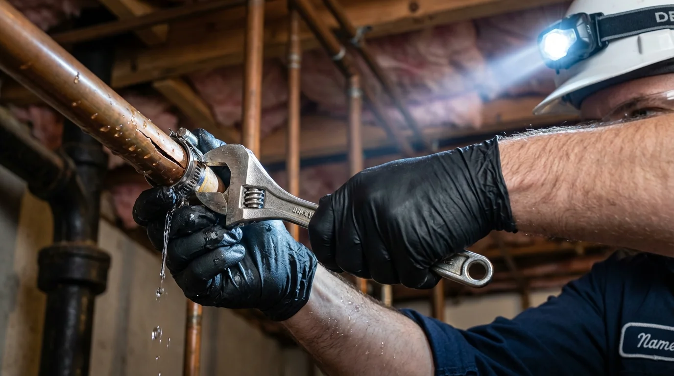 Emergency pipe clamp repair being performed by a Johns Plumbing LLC plumber in Discovery Bay