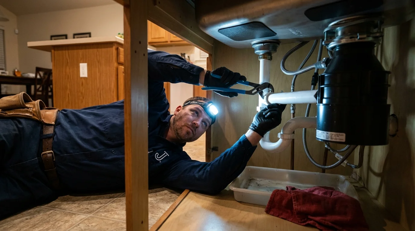 P-trap and supply line connections under a kitchen sink showing a common leak point in Discovery Bay, CA